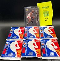 Front view of six sealed packs and Jordan card