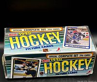 Front and top of 1990 Topps Hockey complete set box showing branding and player images