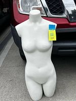 Front view of white female torso mannequin leaning against vehicle