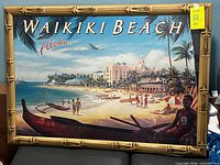 Front view of entire Waikiki Beach framed print showing artwork and bamboo frame