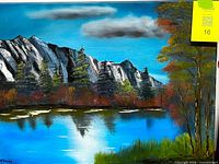 Full view of painting showing mountains, lake and trees