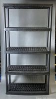 Full view of black 5-shelf plastic storage rack