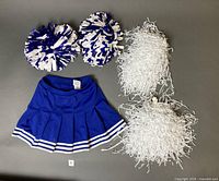 All items: blue skirt, two blue/white pom-poms, two white pom-poms