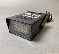 Front and side view of one LED strobe light showing model marking LPSA24, mounting bracket and power cord