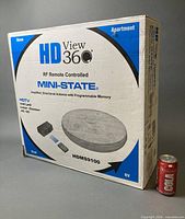 Front of sealed retail box showing HD View 360 Mini-State HDMS9100 antenna