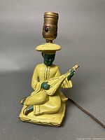 Front view of painted ceramic lamp showing musician figure and instrument