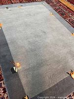 Full view of rectangular grey rug showing border and motifs