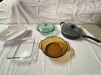 All five bakeware and cookware pieces laid out
