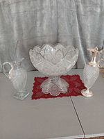 Overall view of compote, pitcher, and silver-mounted ewer on table