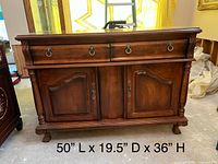 Front view of buffet showing overall design, drawers, doors, hardware