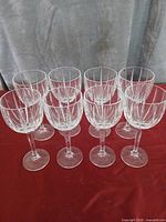 Front view of all eight crystal wine glasses