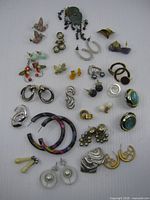 All 26 pairs of assorted costume earrings displayed on flat surface