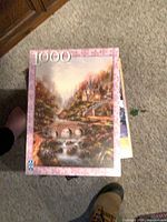 Top view of FX Schmid 1000-piece puzzle box with landscape artwork, partial view of additional boxes beneath