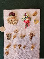 Front view of all pins arranged on towel for identification and count