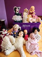 Group shot of assorted dolls on bed and purple tote