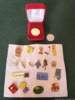 Front view of all enamel pins laid out plus presentation pin and coin for scale