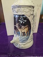 front view of ceramic wolf beer stein