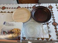 Overview showing wood tray, metal tray, large glass bowl, small glass bowl, boxed dip set