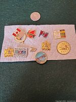 Front view of all eleven Canadian enamel lapel pins laid out in rows for identification and condition