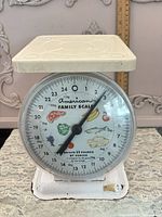 Front view of American Family mechanical kitchen scale showing full dial, platform and base