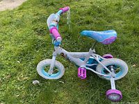 Right side view showing frame, wheels, pedals and training wheels