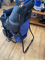 Left side view of Infinity Sports framed child carrier backpack showing padded straps, metal frame, fabric seat