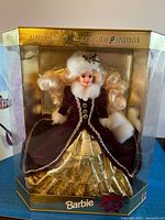 Front view of boxed 1996 Happy Holidays Barbie