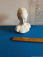 Front view of alabaster bust with rulers for scale