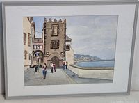 Full view of framed watercolor painting with mat and frame visible