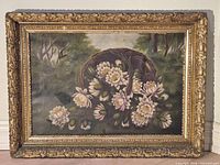 Full view of framed oil painting depicting water lilies