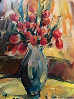 Full view of oil painting showing tulips in vase