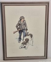 Full view of framed print showing hunter and dog composition