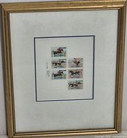 Full view of framed stamp collection showing frame, mat and centred stamp block