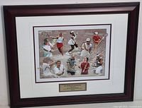 Full view of framed tennis collage in wood frame with mat and plaque