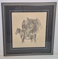 Full view of framed pencil drawing with mat and frame