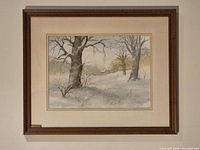 Full view of framed watercolor on wall