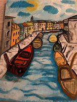 Framed oil on canvas painting showing Venice canal scene, full view