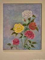 Full frontal view of floral oil painting showing entire composition and signature in corner
