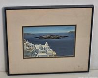 Full view of framed Santorini painting