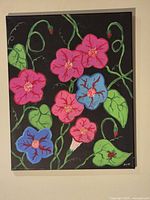 Full view of the framed 16" x 20" painting showing morning glory flowers, leaves and artist signature