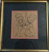 Full view of framed charcoal drawing with mat and frame