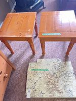 Pair of pine end tables and stone slab overall view