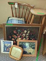 All items grouped showing chair, stool, framed art, pillow, clock