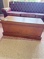 Front view of closed oak chest showing dovetail joinery and base