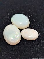 Three opal cabochons on black background showing play-of-color