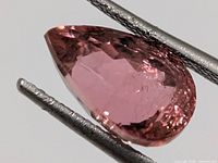 Pear-cut pink tourmaline held in tweezers, showing color and cut
