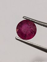 Round faceted ruby held by tweezers front view
