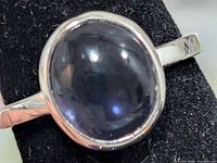 Front view of silver ring showing oval cabochon amethyst
