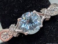 Close-up of blue topaz and CZ accents on silver ring front