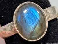 Front view of silver ring showing labradorite cabochon